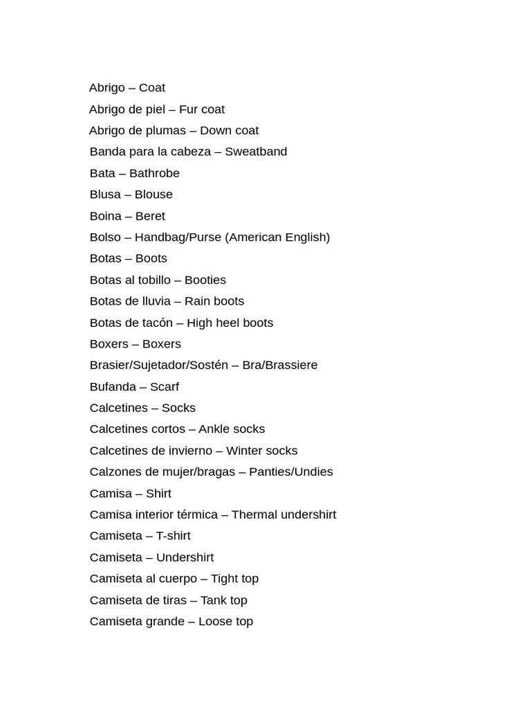Vocabulario de Ropa y Accesorios | PDF | Moda | Ropa