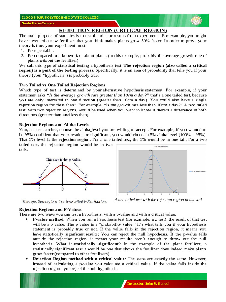 Understanding Rejection Regions in Statistics | PDF | P Value ...