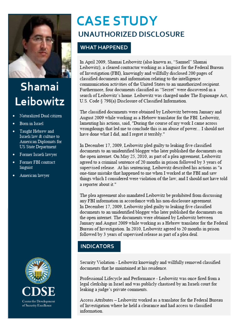 Shamai Leibowitz FBI Document Leak Case | PDF | Federal Bureau Of ...