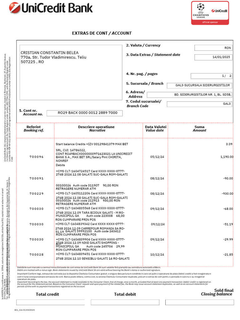 UniCredit Bank Account Statement Details | PDF | Debit Card | Banks