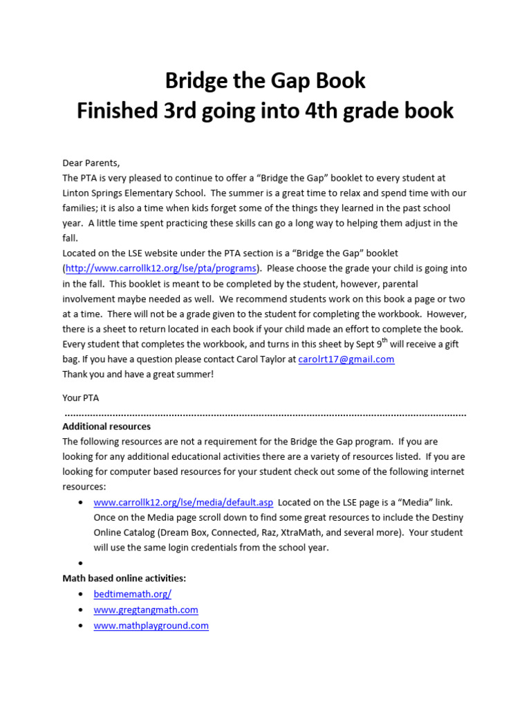 Summer Learning: Bridge the Gap Book | PDF