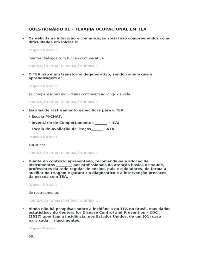 Avaliação em Terapia Ocupacional para TEA | PDF | Autismo | Transtorno ...