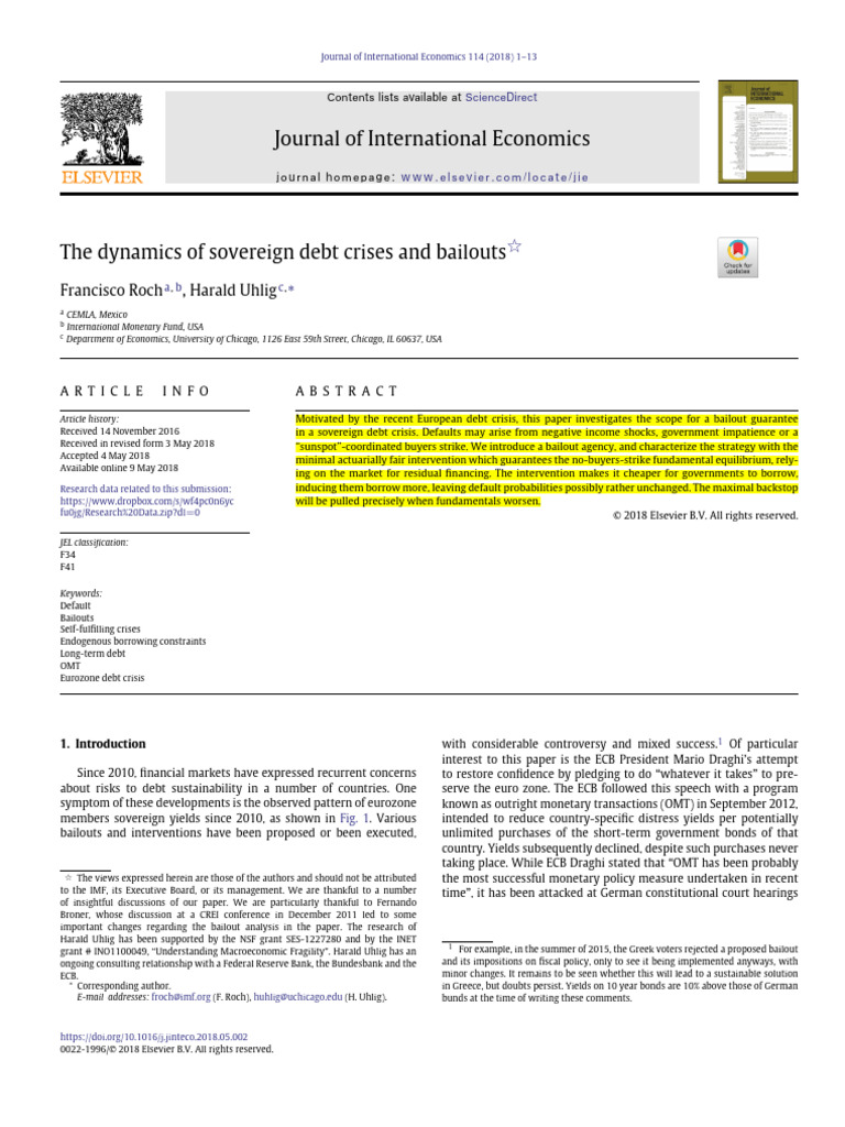 Roch & Uhlig (2018) The Dynamics of Sovereign Debt Crises and Bailouts ...