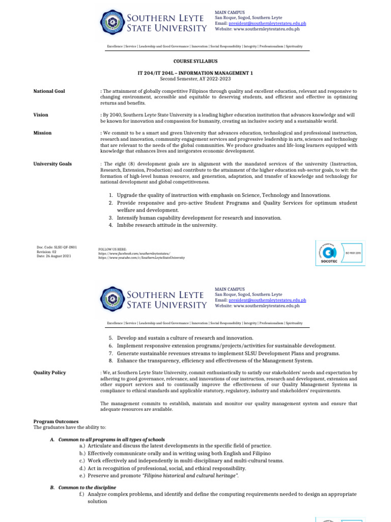 IT204 Information Management 1 Syllabus (2022-2023 Semester 2) | PDF ...