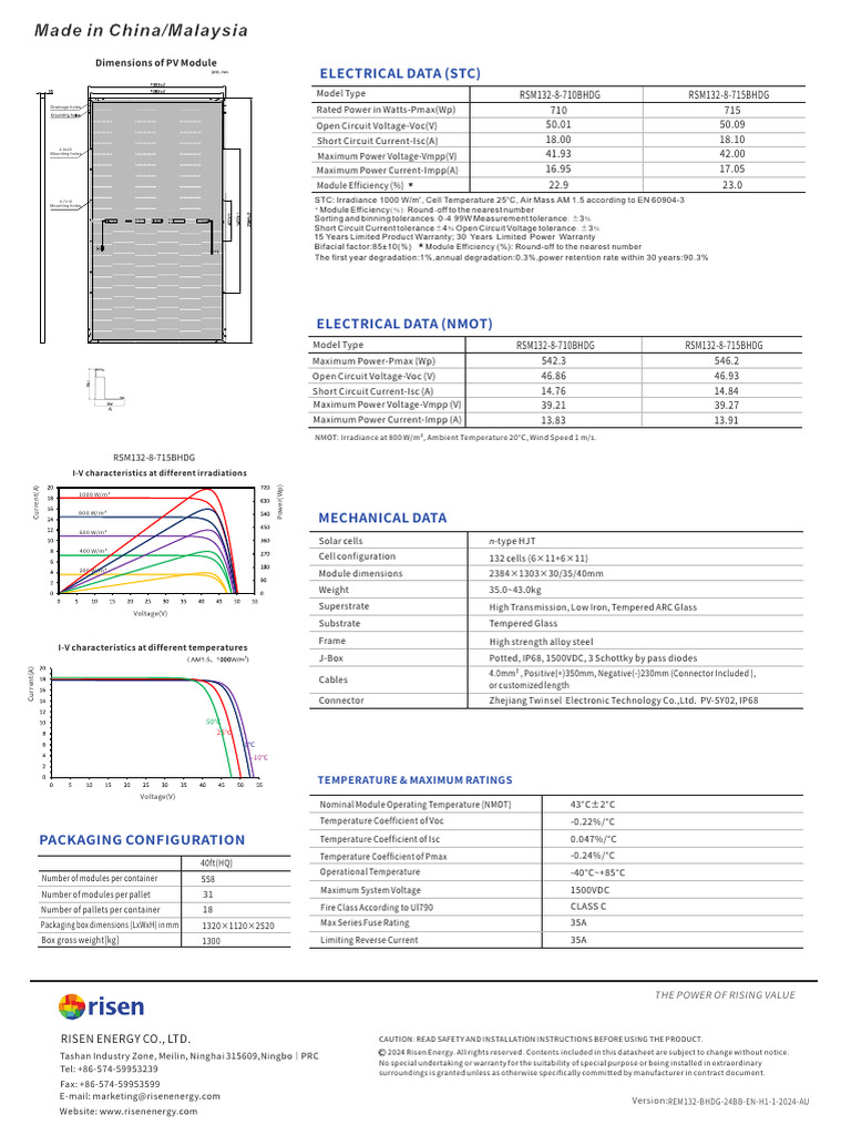 Risen Energy 2024 Solar Module Datasheet | PDF | Solar Cell | Photovoltaics