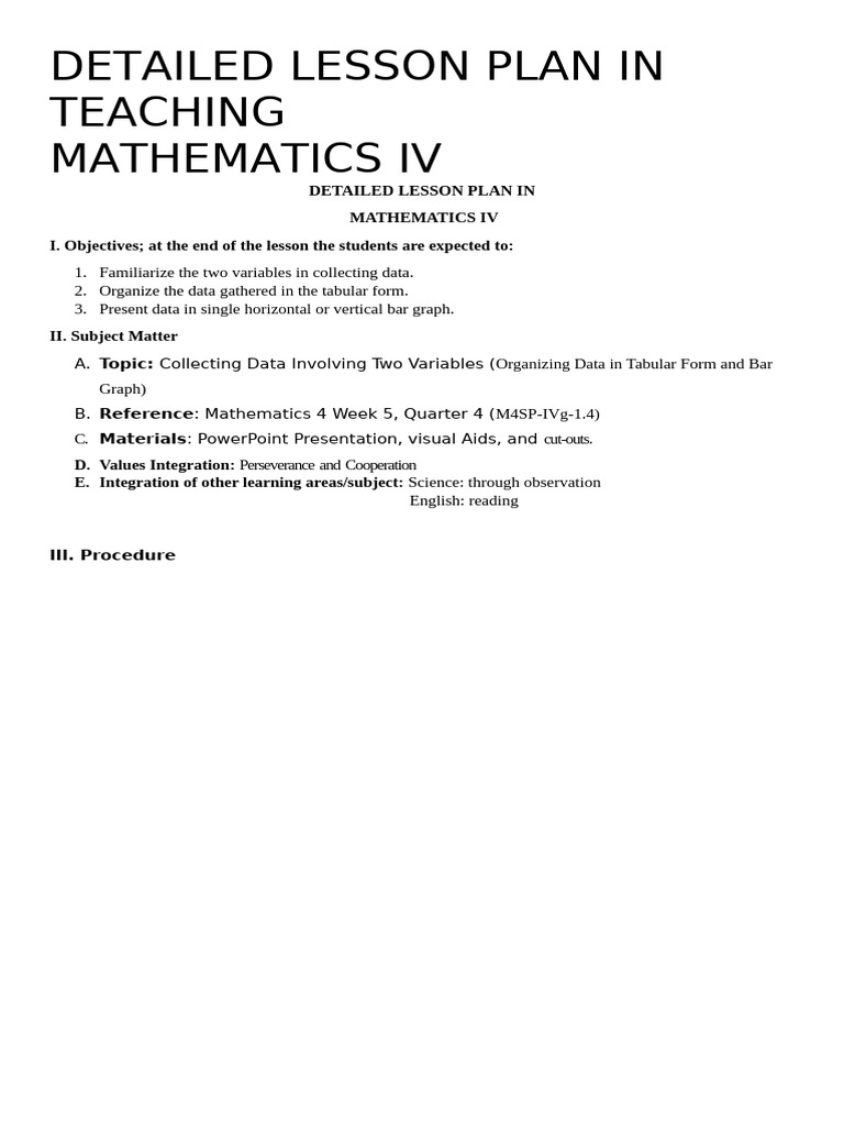 Lesson Plan: Data Collection in Math IV | PDF | Lesson Plan | Learning