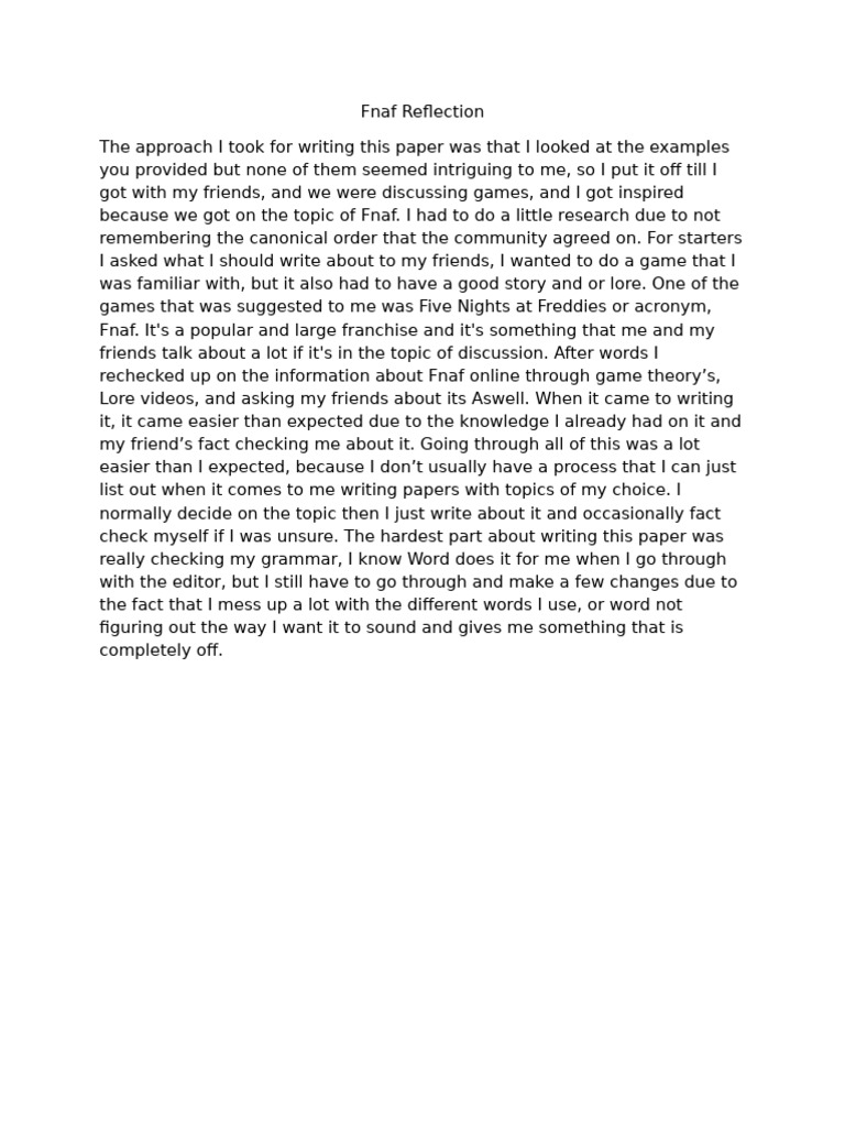 FNAF Writing Reflection and Insights | PDF
