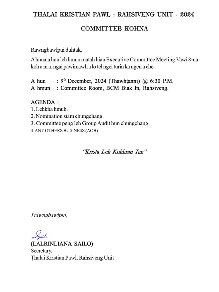 Committee Kohna Meeting Agenda | PDF
