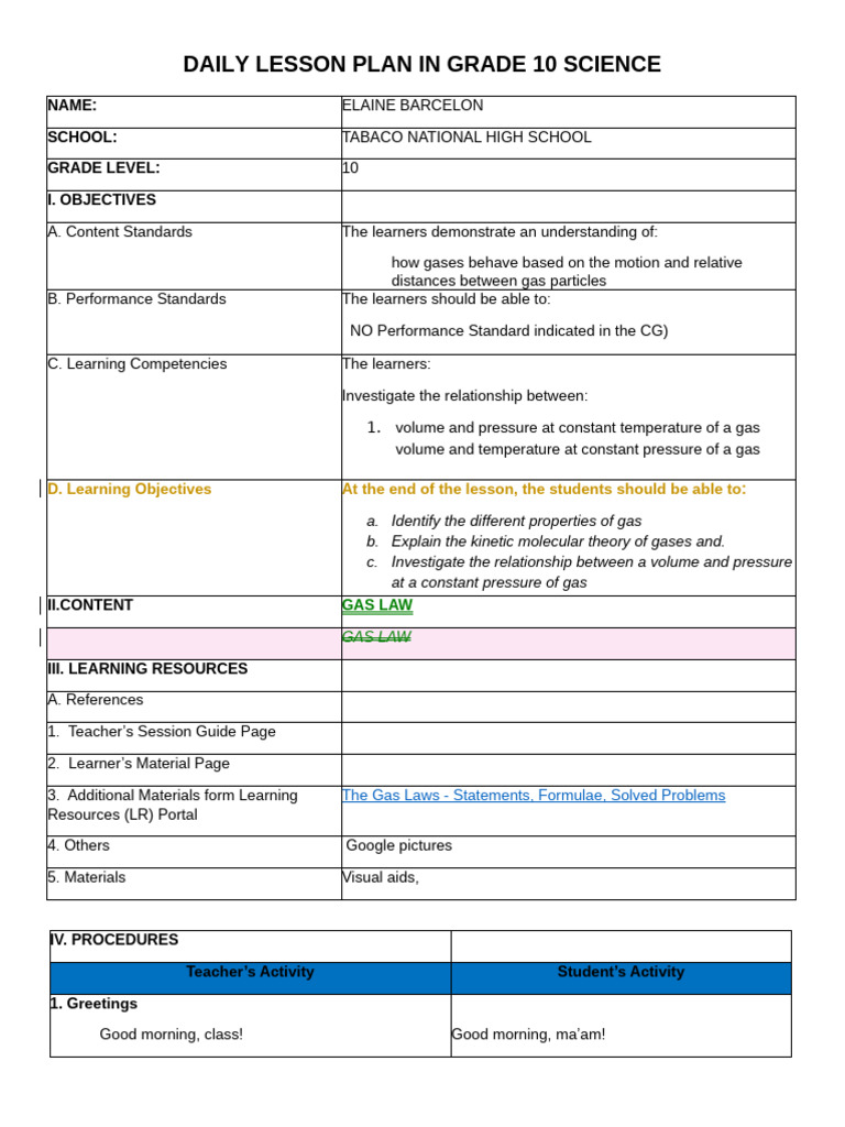 Grade 10 Science Gas Laws Lesson Plan | PDF | Gases | Temperature
