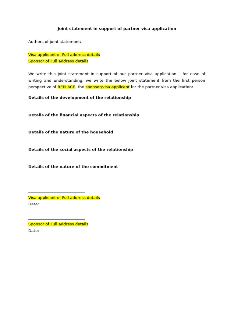 Partner Visa Joint Statement Template | PDF