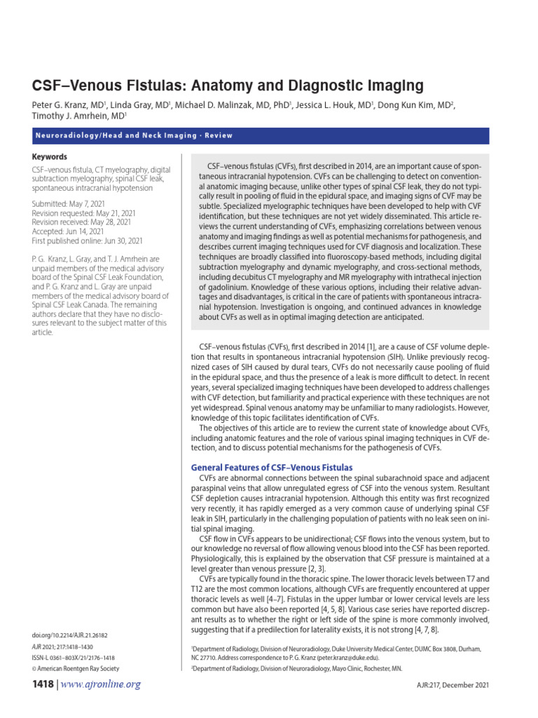 Kranz Et Al 2021 CSF Venous Fistulas Anatomy and Diagnostic Imaging ...