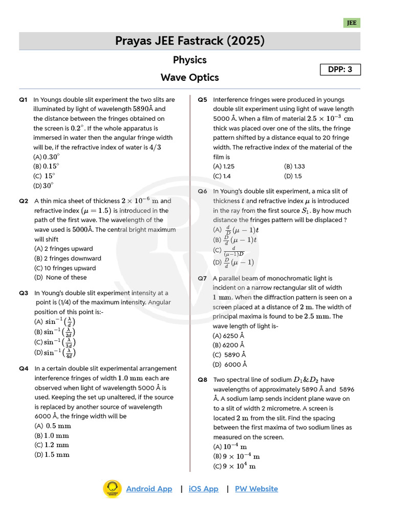 JEE Wave Optics Practice Questions | PDF | Wavelength | Diffraction