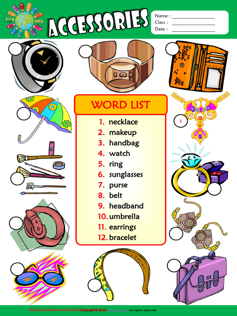Accessories Esl Vocabulary Number The Pictures Worksheet For Kids ...