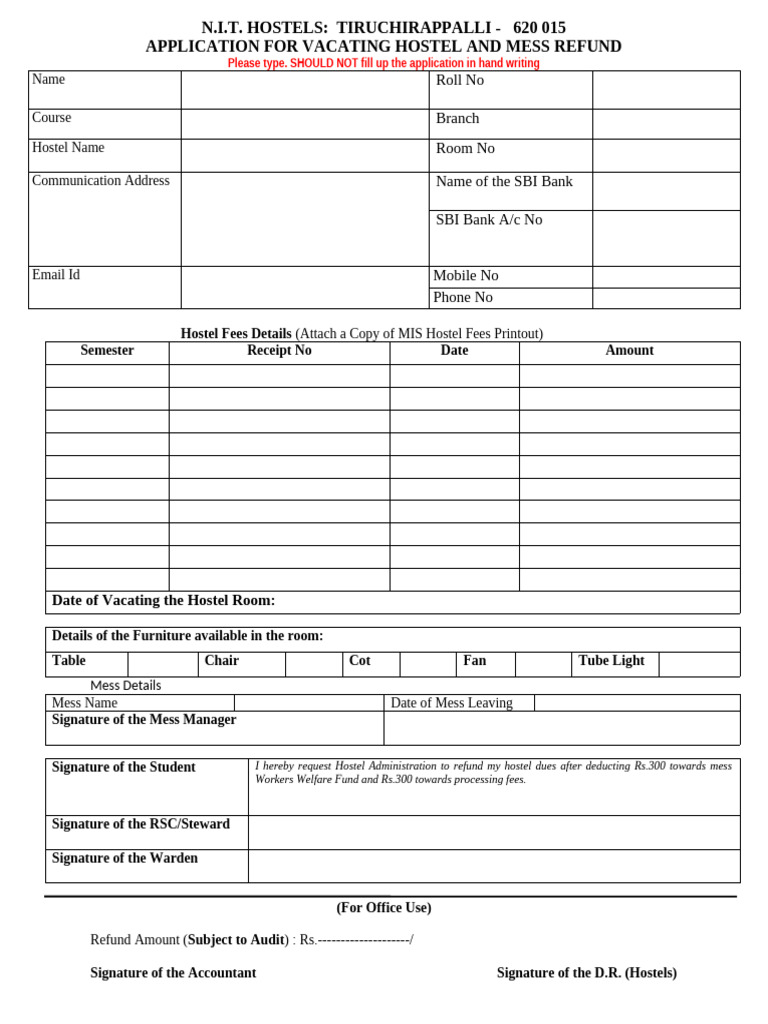 Hostel Vacating and Refund Application | PDF