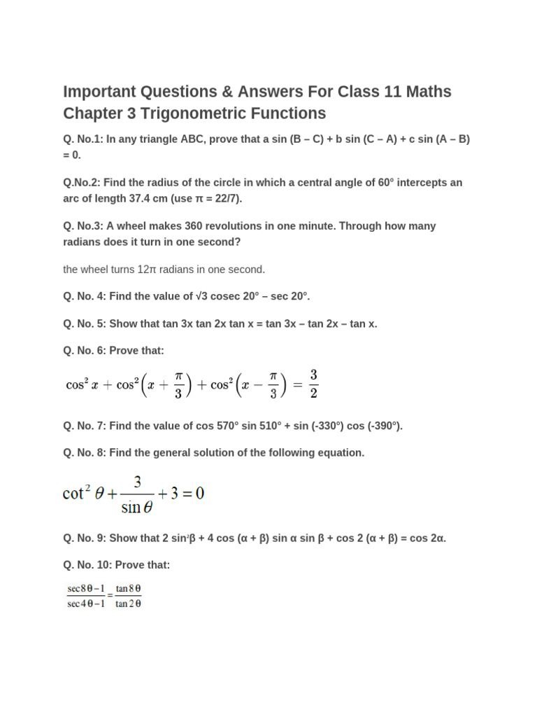 Class 11 Maths Trigonometric Q&A | PDF