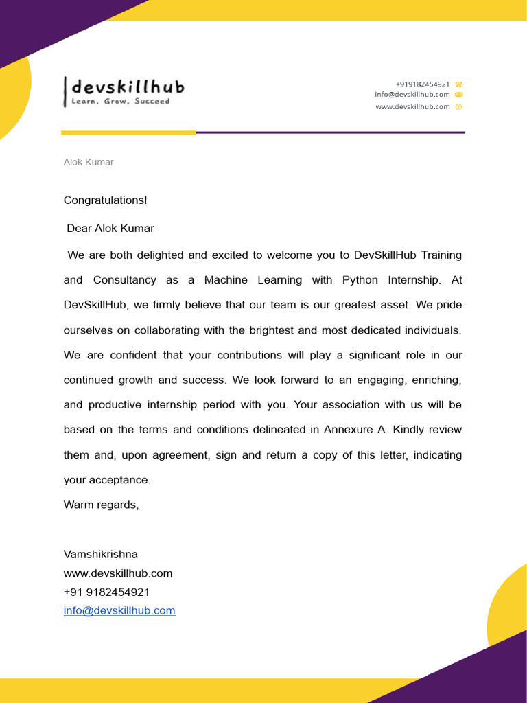 Machine Learning Internship Offer Letter | PDF