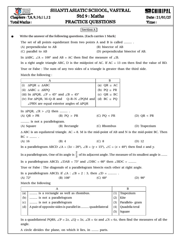 Maths Practice Questions for Std 9 | PDF | Geometry | Euclid