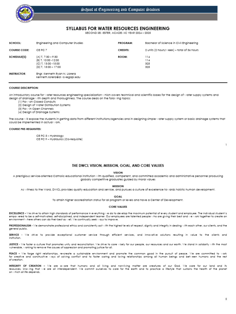Water Resources Engineering Syllabus 2024-2025 | PDF | Engineering