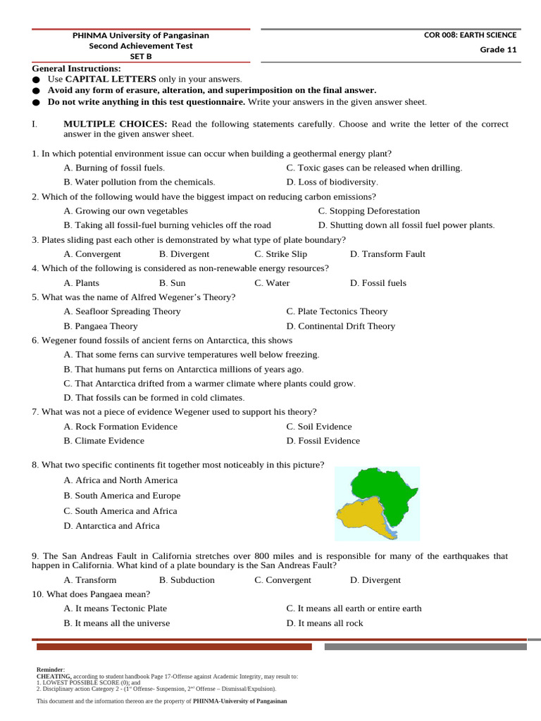 Grade 11 Earth Science Test Set B | PDF | Plate Tectonics | Erosion