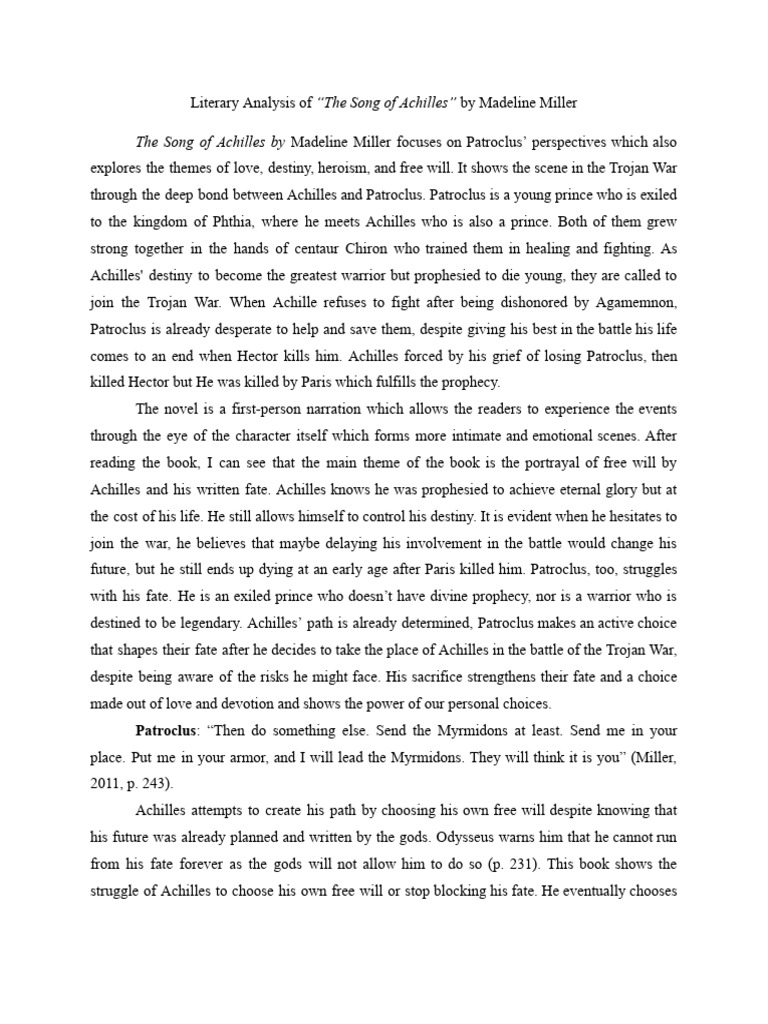 Literary Analysis of “The Song of Achilles” by Madeline Miller (2 ...