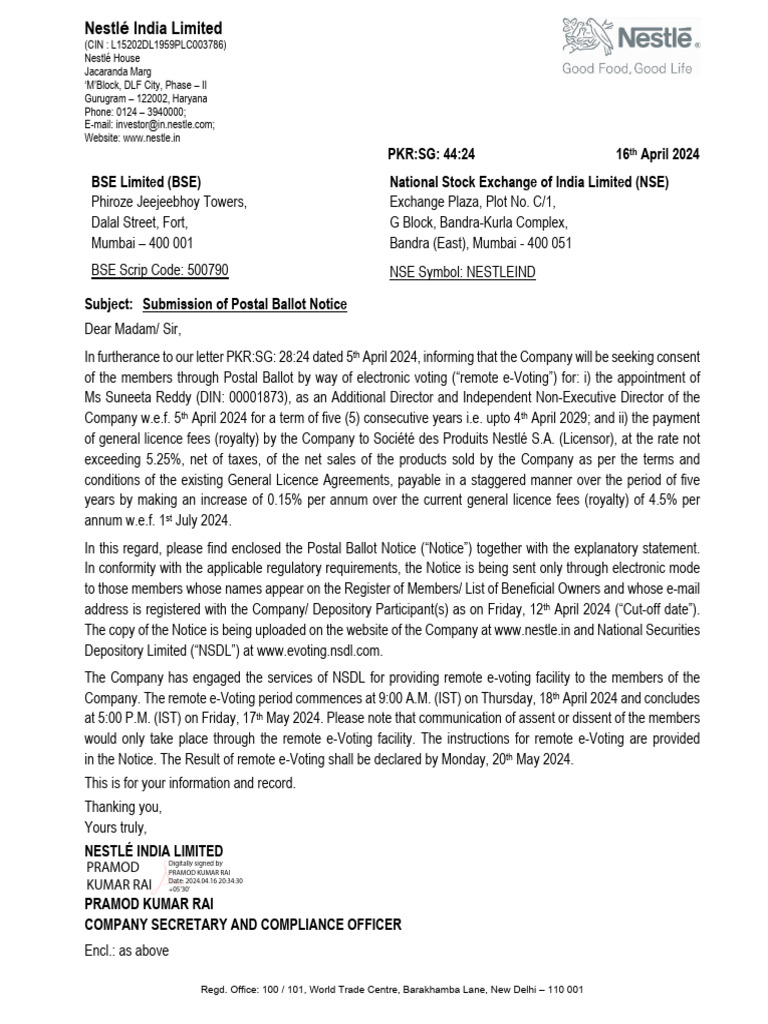 Nestlé India Postal Ballot Notice 2024 | PDF | Electronic Voting | Login