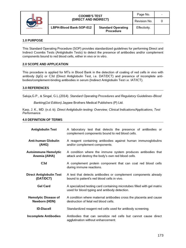 Coombs Test SOP: Direct & Indirect | PDF | Hematology | Body Fluids