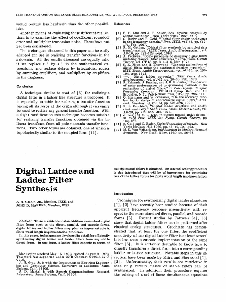 Digital Lattice and Ladder Filter Synthesis Z' I Ee PDF Sequence