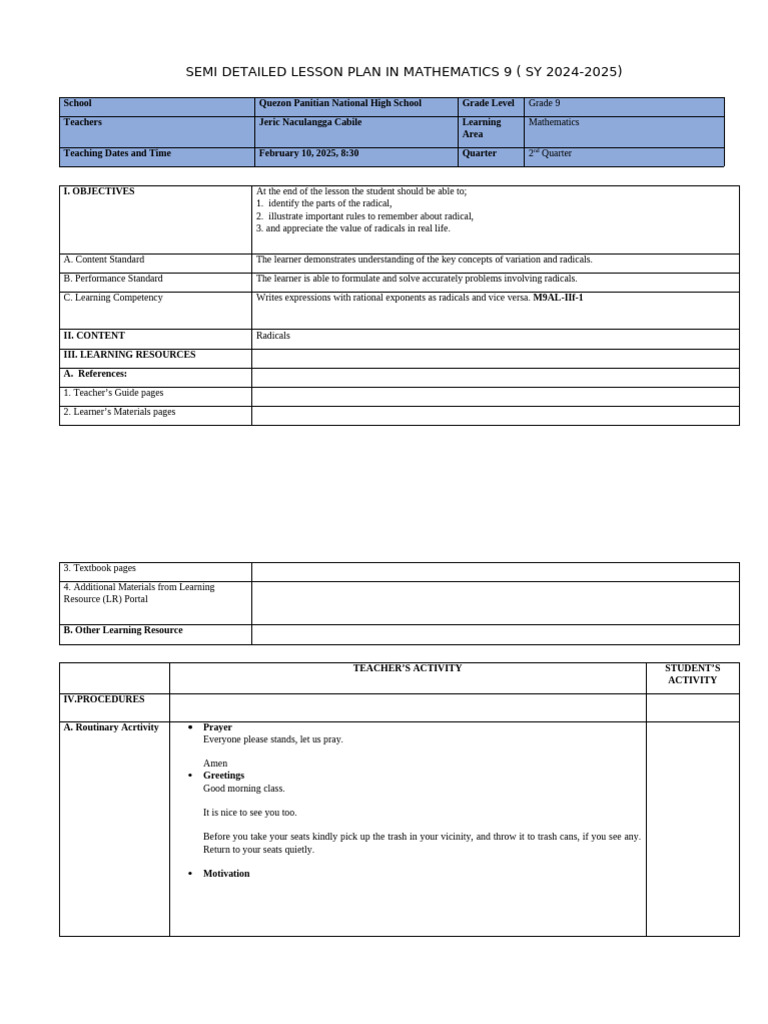 Grade 9 Math Lesson Plan: Radicals | PDF | Learning | Teachers