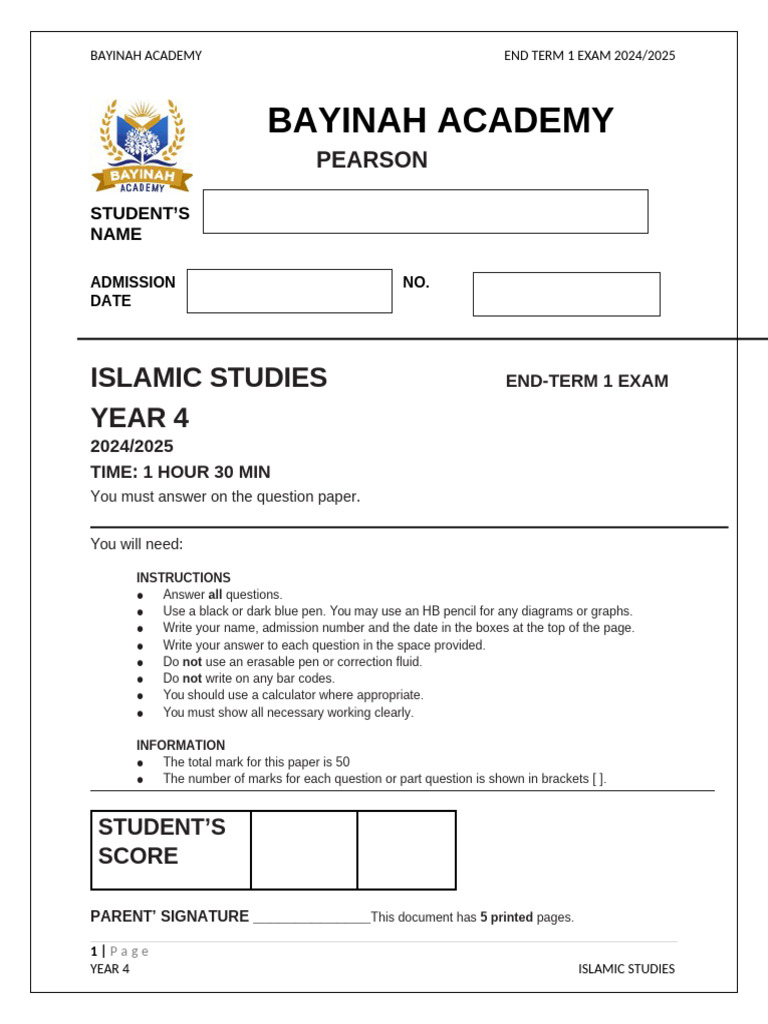 Year 4 Islamic Studies Exam 2024/2025 | PDF | Mosque | Prophets And ...