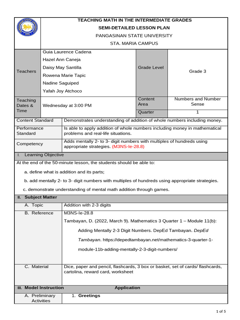 Intermediate Math Lesson Plan: Addition | PDF | Numbers | Mathematics