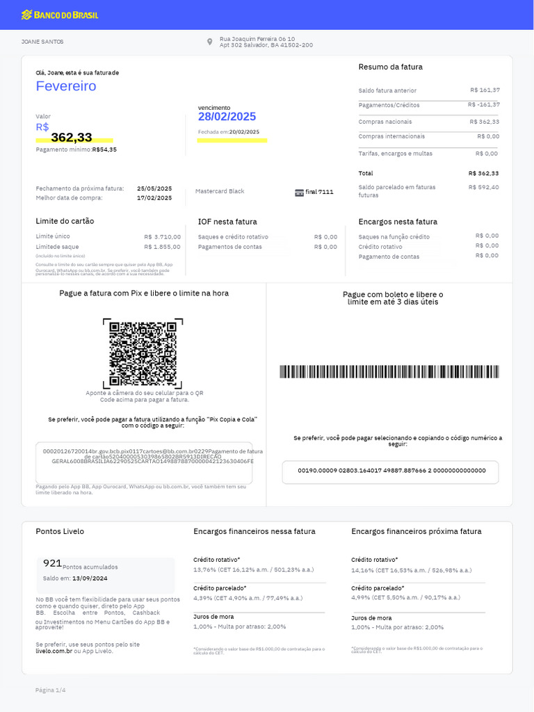 Fatura do Cartão BB: Detalhes e Pagamento | PDF | Crédito rotativo | Juros