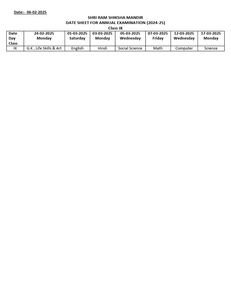 Class IX Annual Exam Schedule | PDF