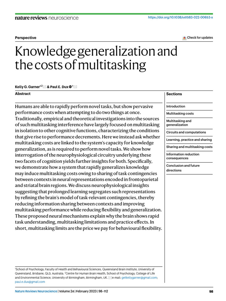 Multitasking Costs and Knowledge Generalization | PDF | Striatum ...