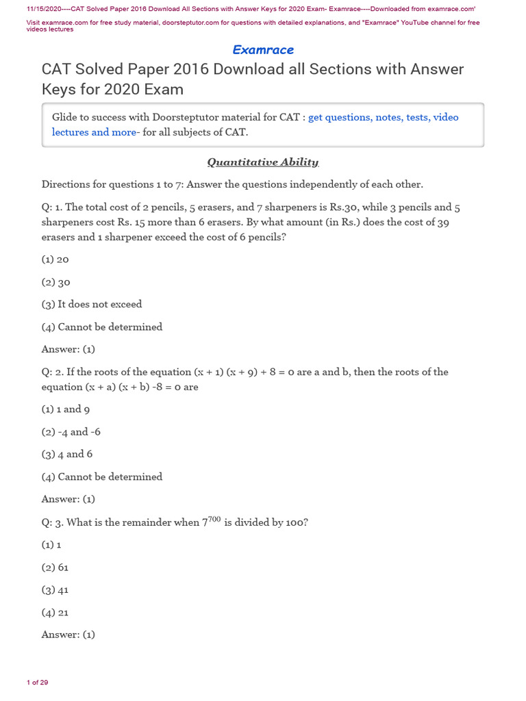CAT 2016 Solved Paper with Answers | PDF | Organic Foods | Nuclear Power