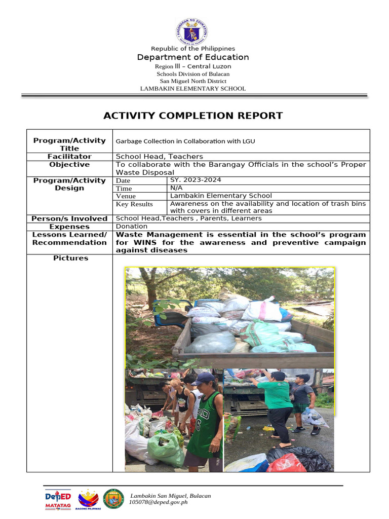 Garbage Collection Report at Lambakin School | PDF
