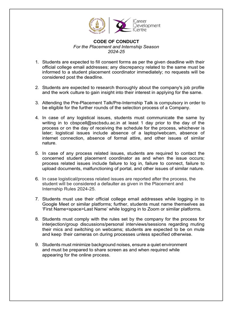 Placement and Internship Code of Conduct 2024-25 | PDF