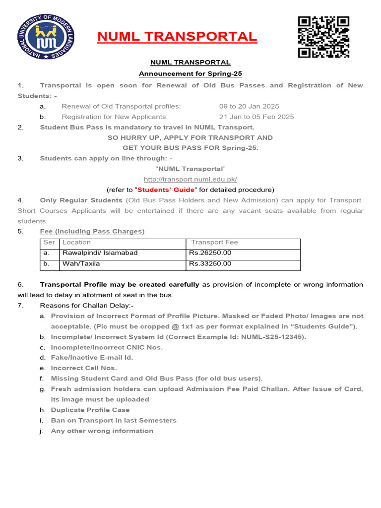NUML Transportal Spring-25 Bus Pass Info | PDF