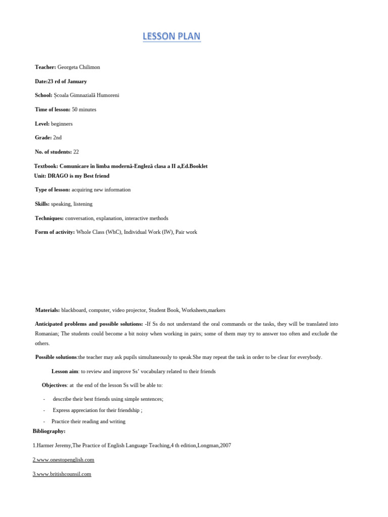 2nd Grade English Lesson Plan: Friends | PDF