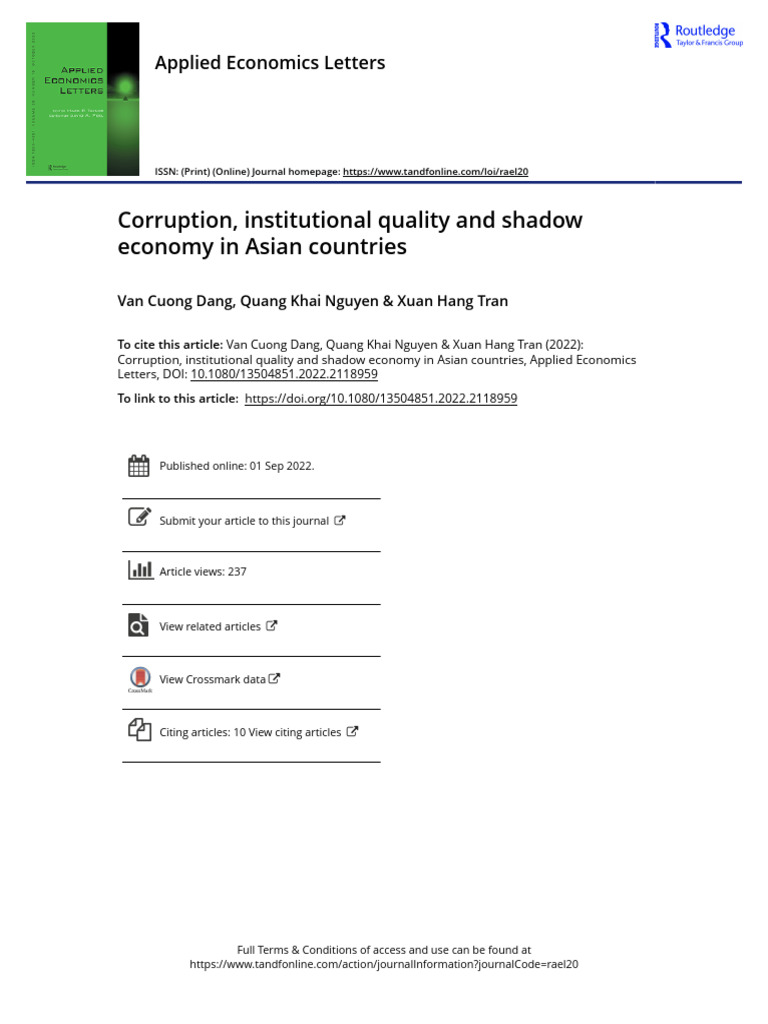 Corruption Institutional Quality and Shadow Economy in Asian Countries
