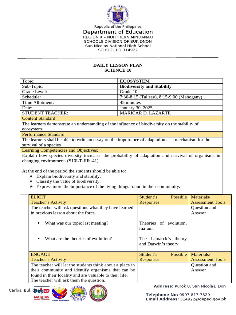 Science 10 Lesson Plan: Ecosystem Stability | PDF | Biodiversity ...