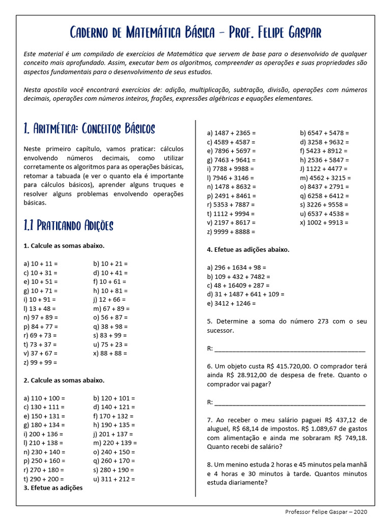 Exercícios de Matemática Básica 2020 | PDF | Aritmética | Matemática