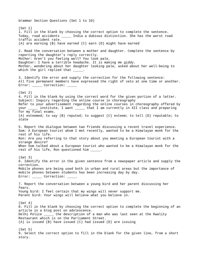 Grammar Questions Set 1-10 | PDF