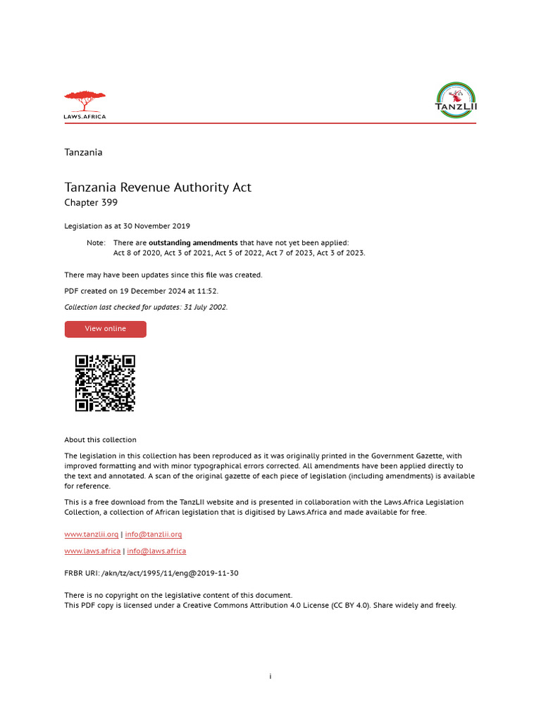 Tanzania Revenue Authority Act | PDF | Taxes | Government