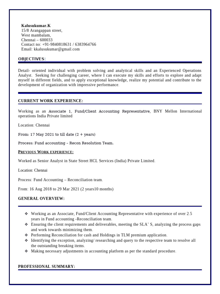 Operations Analyst Resume - Fund Accounting | PDF | Conflict Resolution ...