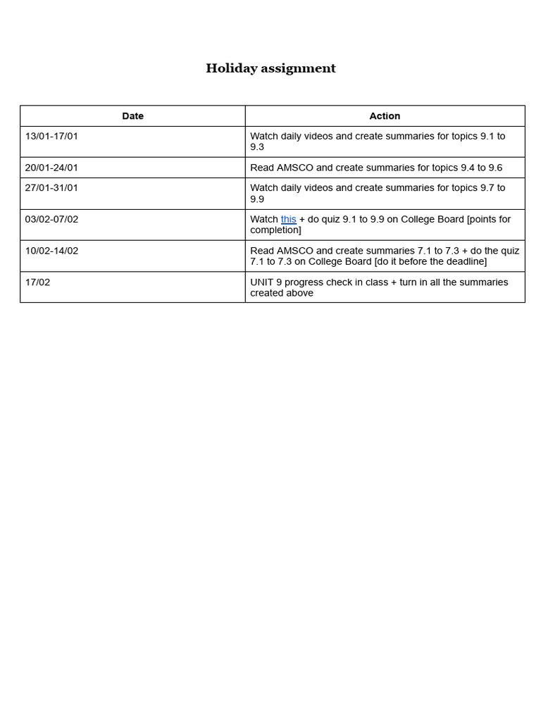 Holiday Assignment Summary Schedule | PDF