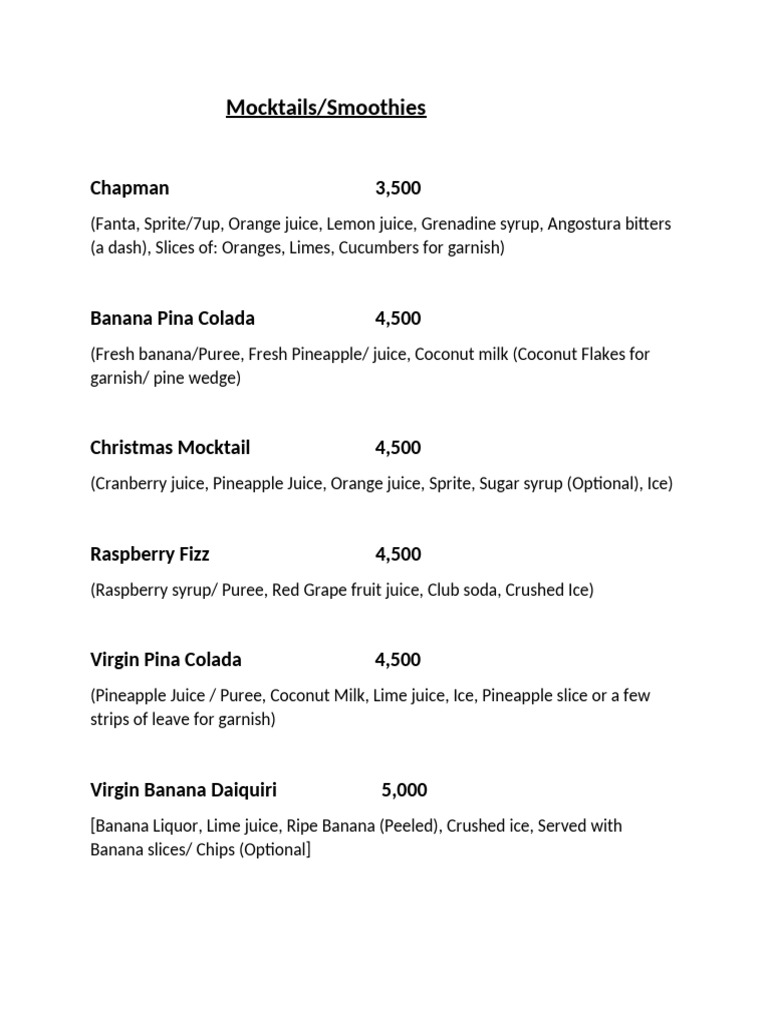 Pronto Mocktails and Smoothies Menu | PDF