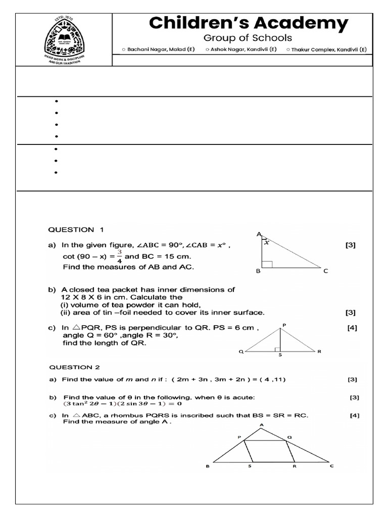 ICSE Grade IX Mathematics Exam Paper | PDF
