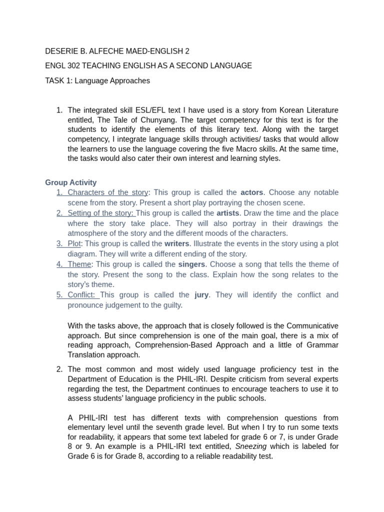 Task 1, Tesl | PDF | English As A Second Or Foreign Language | Reading ...