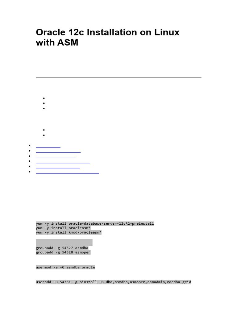 Oracle 12c ASM Installation Guide | PDF | Databases | Linux
