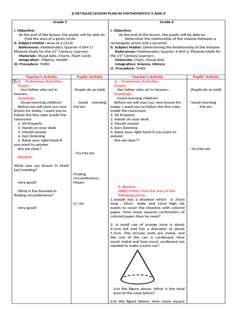 Lesson Plan Ni Math 5 and 6 4TH Quarter | PDF | Rectangle | Volume